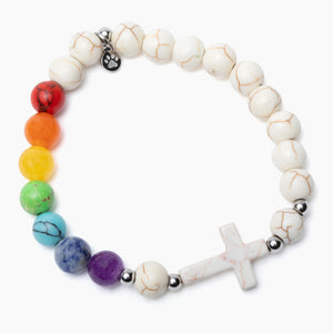 STRA Rainbow Bridge Cross Howlite &  Rainbow Crystal Beaded Bracelet