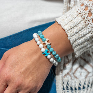 Stack Set-Seaside Dream Cat Bracelets with Turquoise Blue & White Howlite