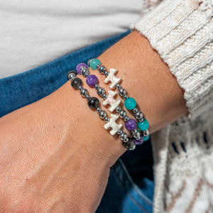 Stack Set-Silver Sparkle Dog Bracelets with Silver & White Tiffany Blue, Silver & Black Obsidian, Silver & Purple Crystal