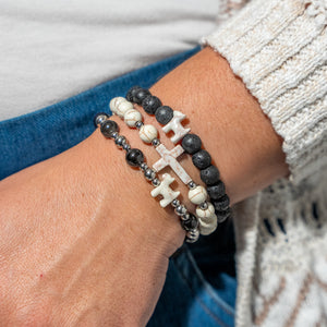 Stack Set-Circles of Faith Dog Bracelets with Black Lava, Cross-Howlite, Silver, Black Obsidian