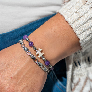 Stack Set-Cherished Hearts- PURPLE Dog Bracelets with Silver & Purple Crystal & Filled With Love (Heart&Paw) Stainless Steel Bracelet with Adjustment tool