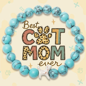 “Best Cat Mom Ever” – STRĀ Cat Beaded Bracelet- Turquoise Blue- Donates 10 Meals to Help Feed Hungry Stray Cats