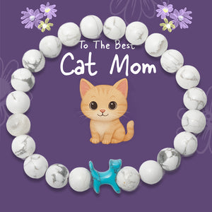 “To The Best Cat Mom” – STRĀ Cat Beaded Bracelet- White Howlite Stone - Donates 10 Meals to Help Feed Hungry Stray Cats