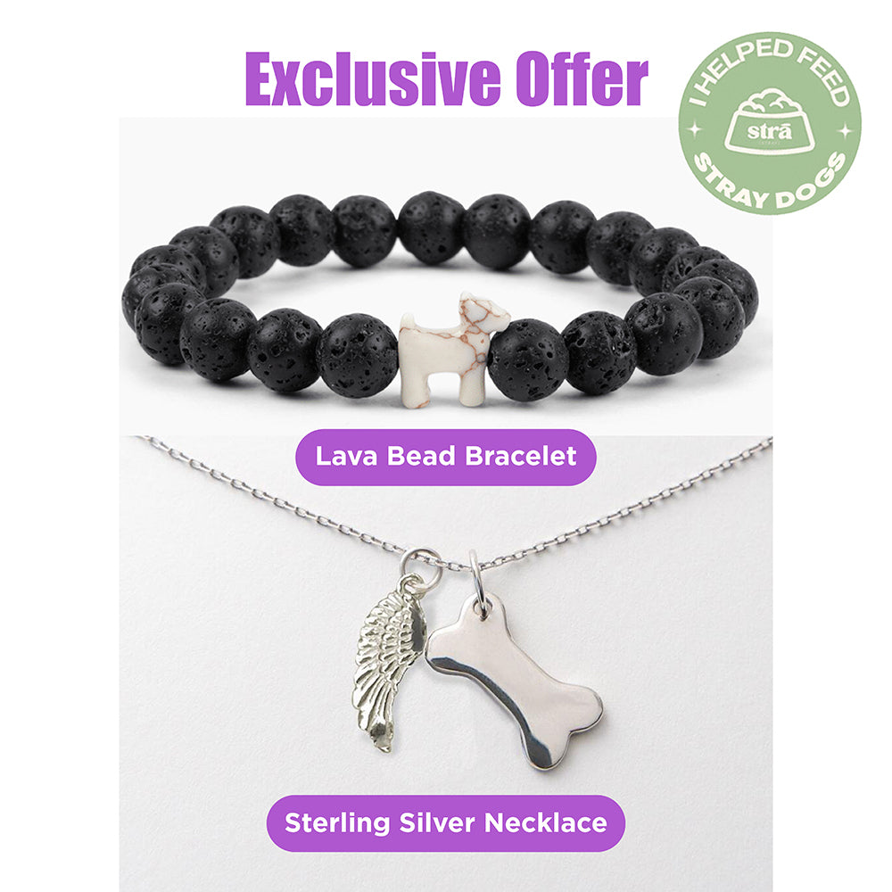 Exclusive Subscriber Super Deal! My Angel Dog Memorial Sterling Necklace-Bone & Angel Wing and STRA Dog Black Lava Bracelet
