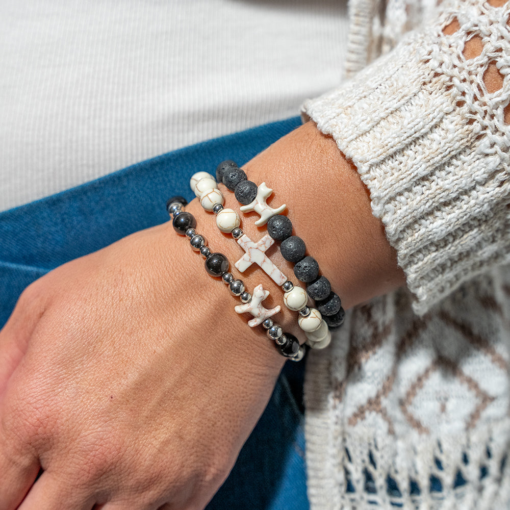 Stack Set-Circles of Faith Cat Bracelets with Black Lava, Cross-Howlite, Silver, Black Obsidian