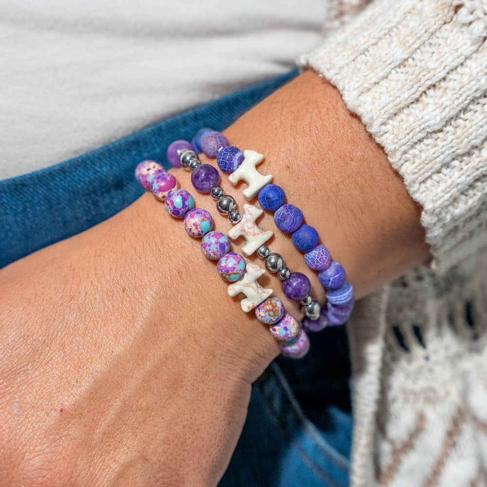 Stack Set-Lavender Dreams Dog Bracelets with Natural Purple Fossil, Silver &amp; Purple Crystal, Purple Imperial