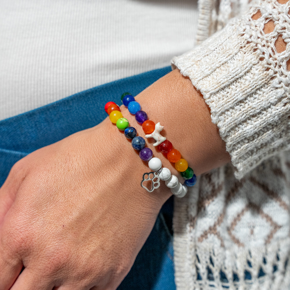 Stack Set-Rainbow Bridge Memorial Cat Bracelets with Natural Stone Rainbow &amp; Howilte &amp; Crystal Stone