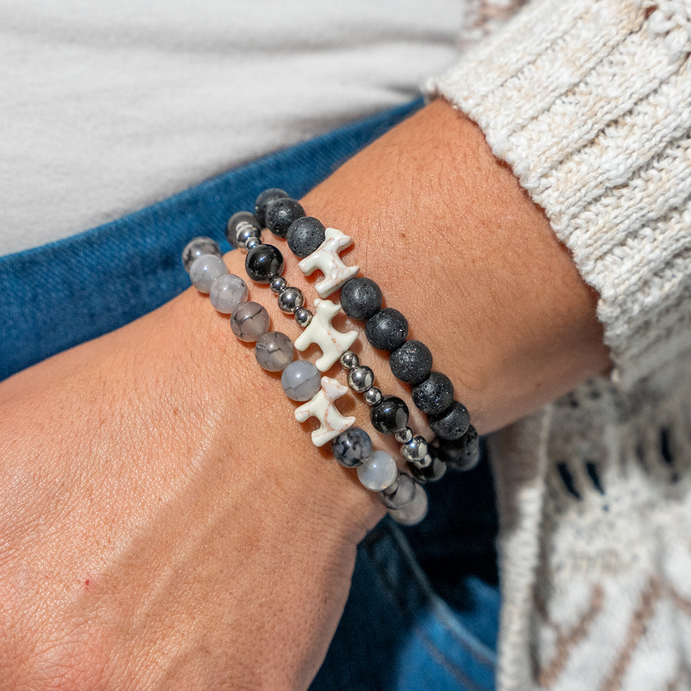 Stack Set-Midnight Luxe Dog Bracelets with Black Lava, Silver &amp; Black Obsidian, Tea Dragon Agate