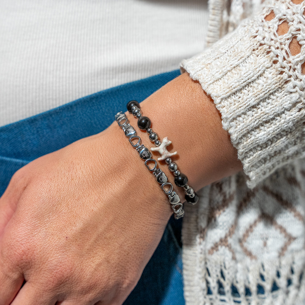 Stack Set-Cherished Hearts- BLACK Cat Bracelets with Silver, Black Obsidian &amp; Filled With Love (Heart&amp;Paw) Stainless Steel Bracelet with Adjustment tool