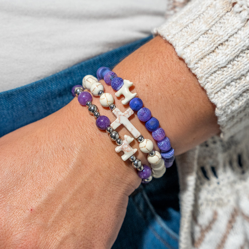 Stack Set-Royal Faith Dog Bracelets with Natural Purple Fossil, Cross-Howlite, Silver &amp; Purple Crystal Bracelets