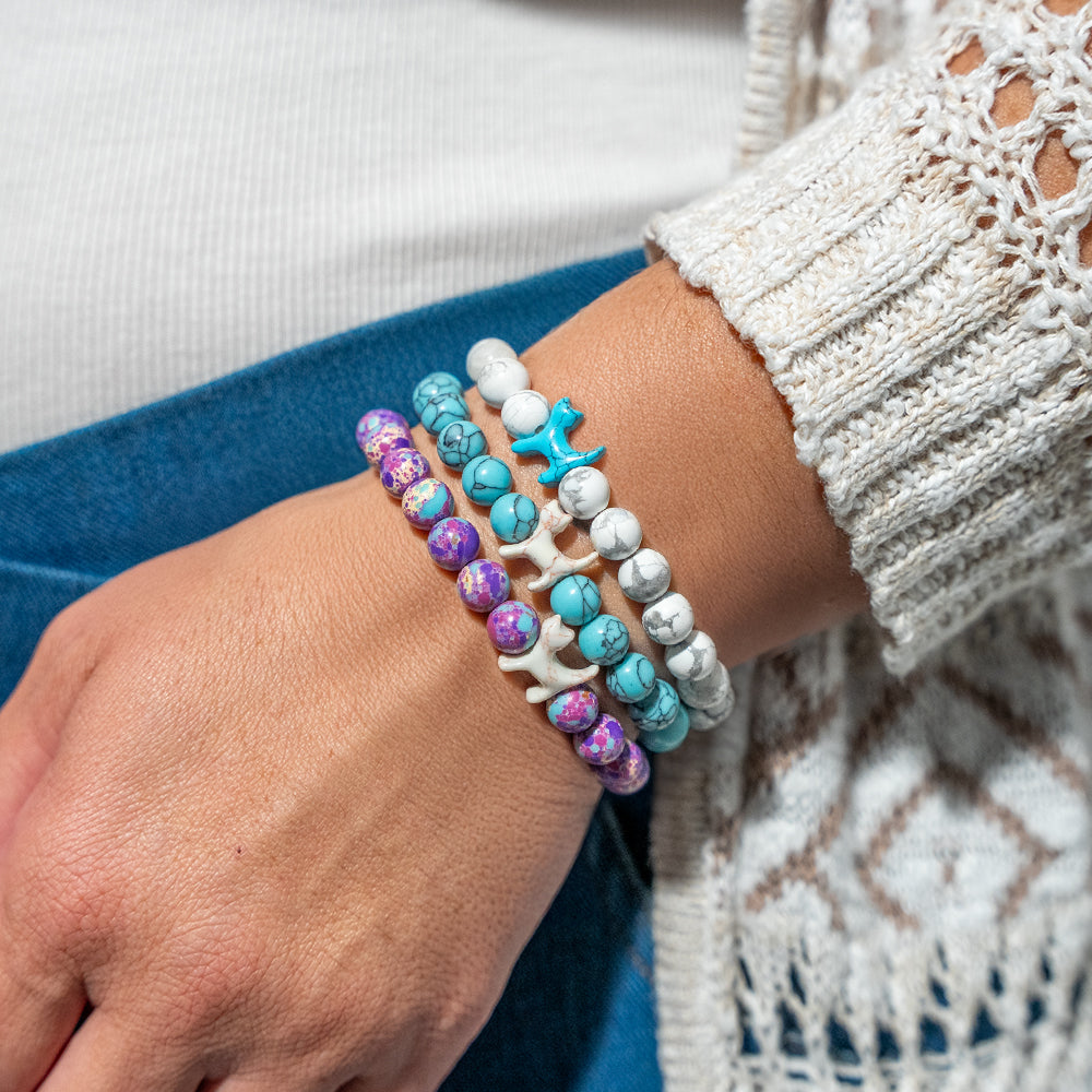 Stack Set-Paradise Found Cat Bracelets with White Howlite, Turquoise Blue, Purple Imperial