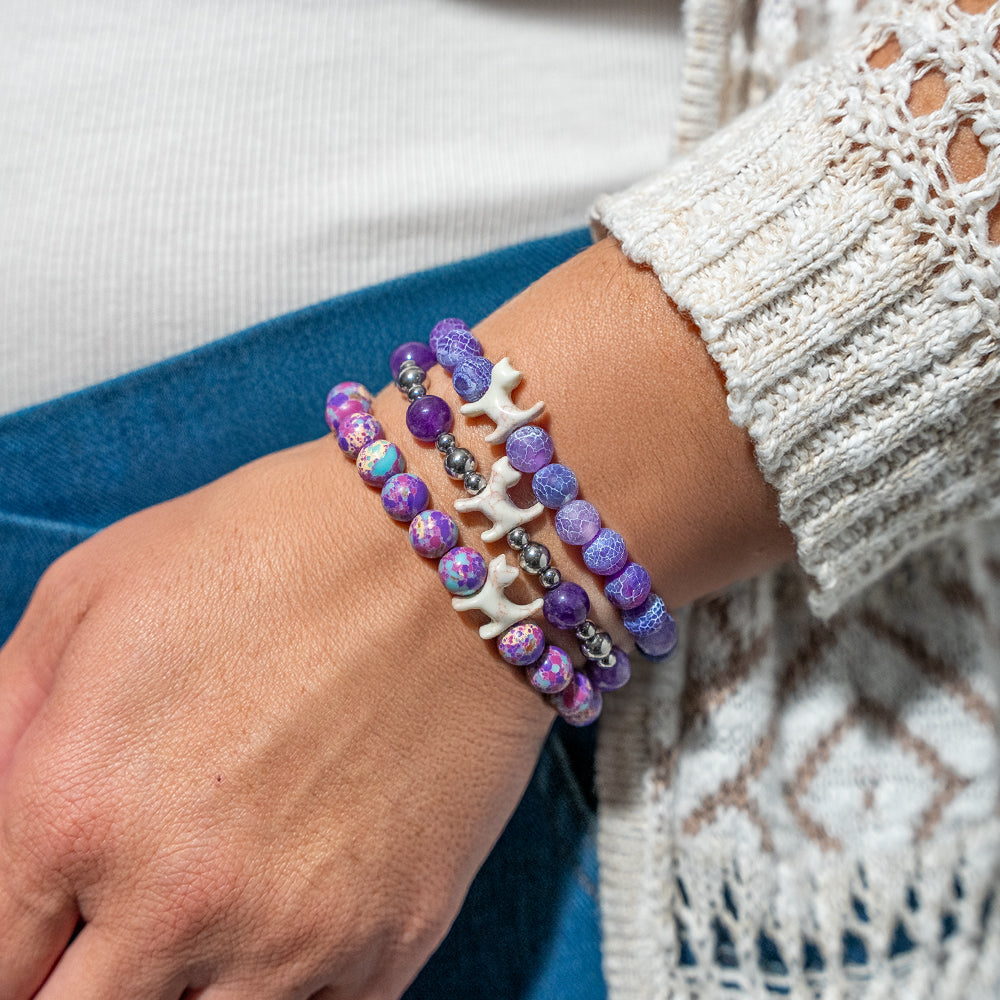 Stack Set-Lavender Dreams Cat Bracelets with Natural Purple Fossil, Silver &amp; Purple Crystal, Purple Imperial