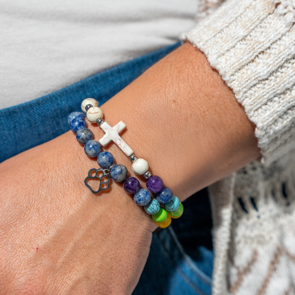Stack Set-In Loving Faith Memorial Bracelets with Blue Spot Jasper &amp; Crystal Stone &amp; Cross Howlite Stone &amp; Rainbow Beaded