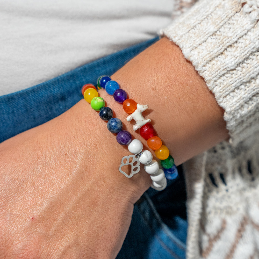 Stack Set-Rainbow Bridge Memorial Dog Bracelets with Natural Stone Rainbow &amp; Howilte &amp; Crystal Stone
