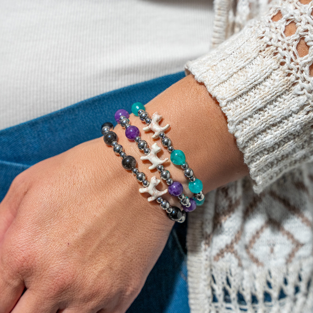 Stack Set-Silver Sparkle Cat Bracelets with Silver &amp; White Tiffany Blue, Silver &amp; Black Obsidian, Silver &amp; Purple Crystal