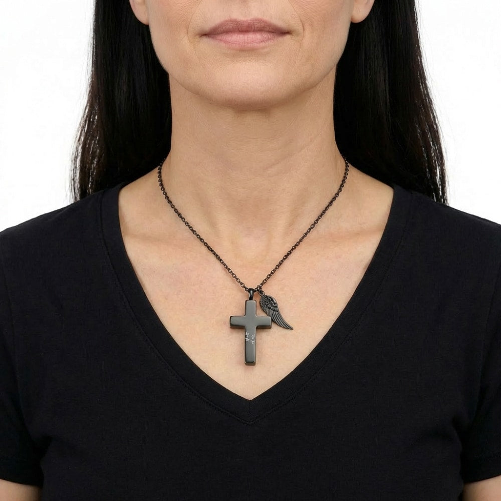 Forever Loved Pawprint Memorial Cross Urn Necklace - Black