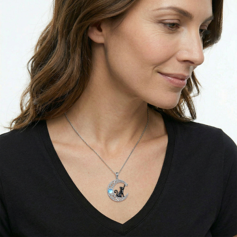Celestial Moon Cat Pendant Necklace