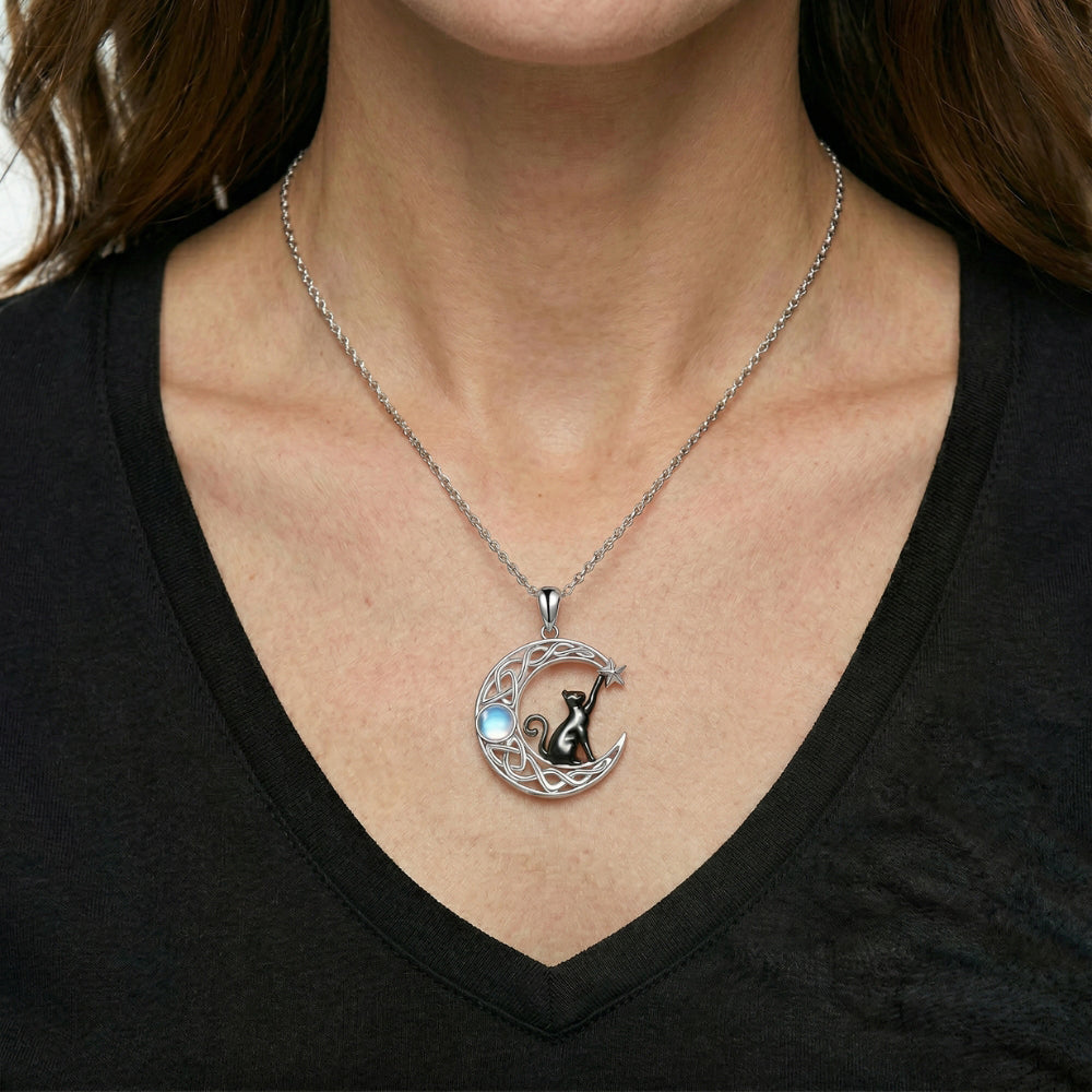 Celestial Moon Cat Pendant Necklace