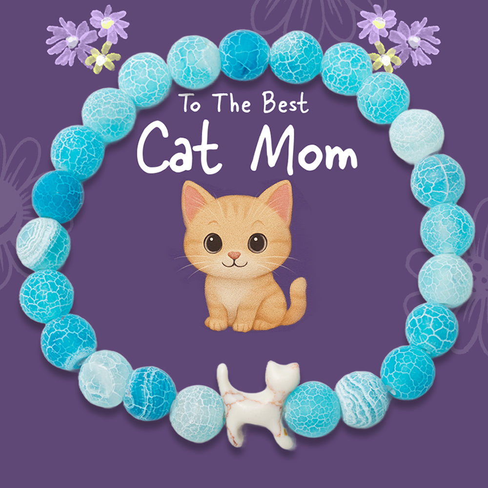 “To The Best Cat Mom” – STRĀ Cat Beaded Bracelet- Natural Blue Fossil- Donates 10 Meals to Help Feed Hungry Stray Cats