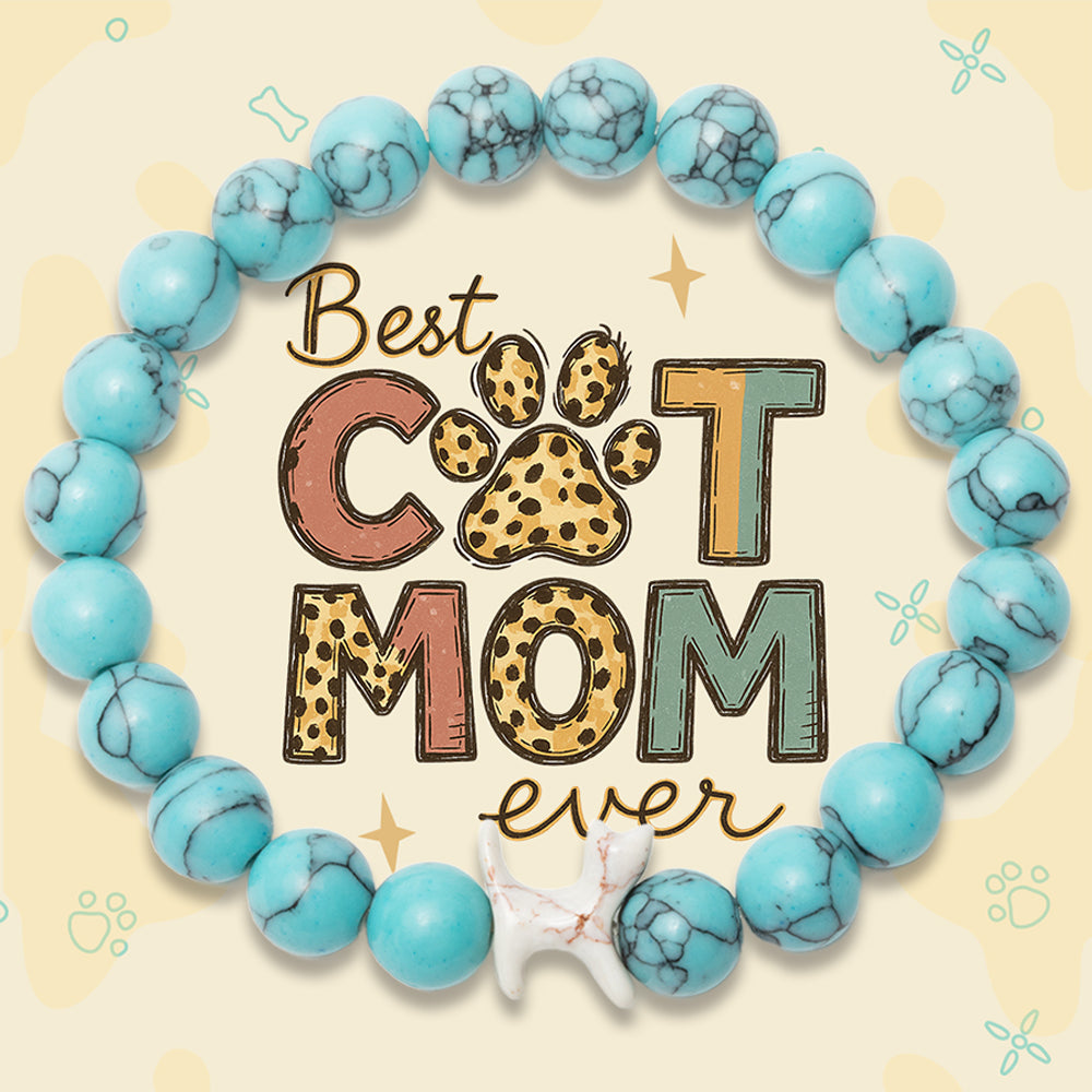 “Best Cat Mom Ever” – STRĀ Cat Beaded Bracelet- Turquoise Blue- Donates 10 Meals to Help Feed Hungry Stray Cats