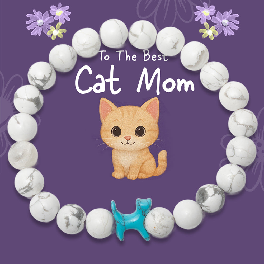 “To The Best Cat Mom” – STRĀ Cat Beaded Bracelet- White Howlite Stone - Donates 10 Meals to Help Feed Hungry Stray Cats