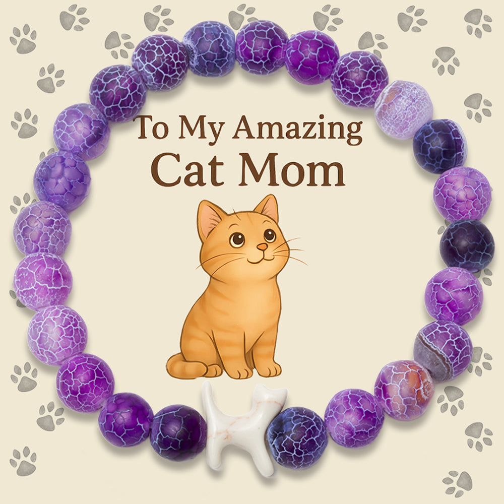 “To My Amazing Cat Mom” – STRĀ Cat Beaded Bracelet- Natural Purple Fossil - Donates 10 Meals to Help Feed Hungry Stray Cats