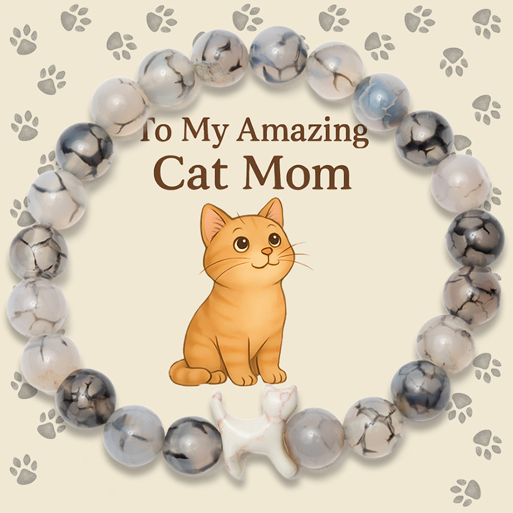“To My Amazing Cat Mom” – STRĀ Cat Beaded Bracelet- Tea Dragon Agate - Donates 10 Meals to Help Feed Hungry Stray Cats