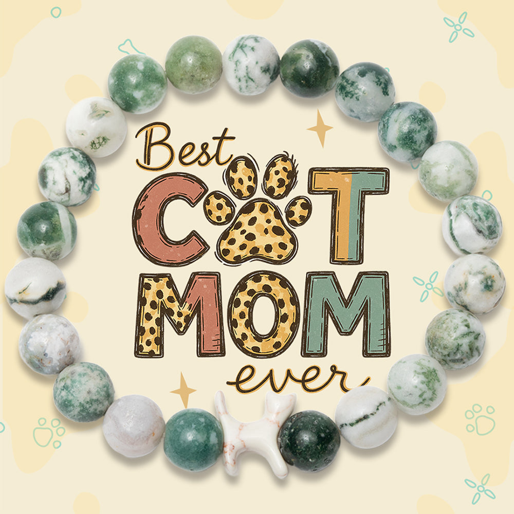 “Best Cat Mom Ever” – STRĀ Cat Beaded Bracelet- Green Tree Agate - Donates 10 Meals to Help Feed Hungry Stray Cats