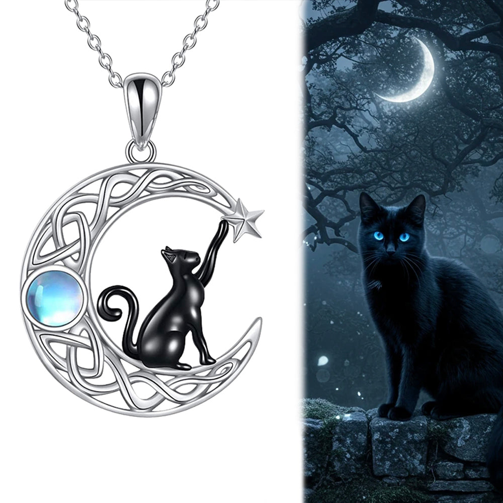 Celestial Moon Cat Pendant Necklace