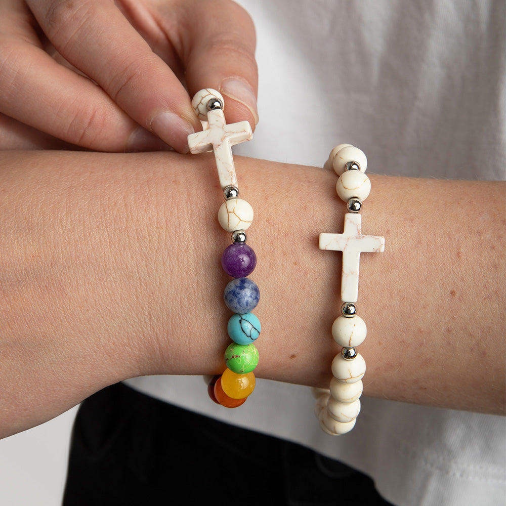 STRA Rainbow Bridge Cross Howlite &  Rainbow Crystal Beaded Bracelet