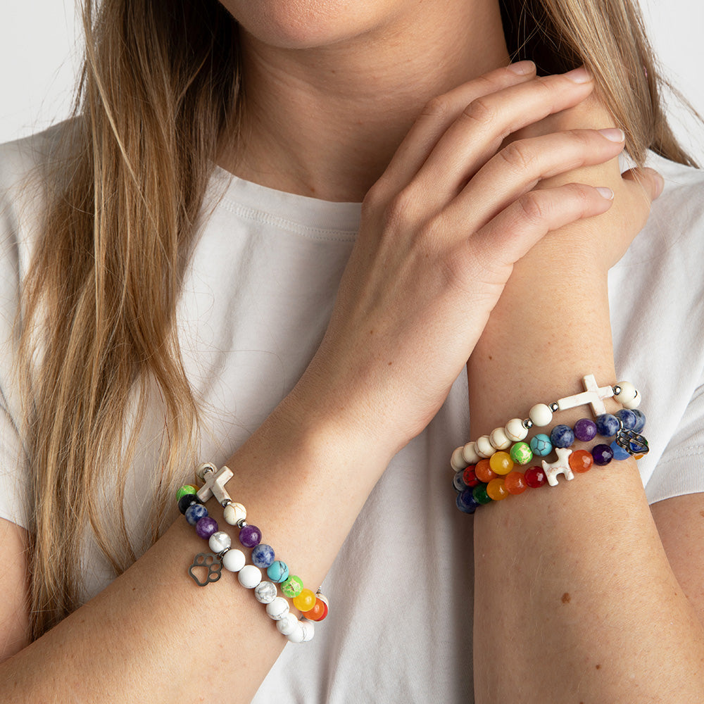 STRA Rainbow Bridge Cross Howlite &  Rainbow Crystal Beaded Bracelet