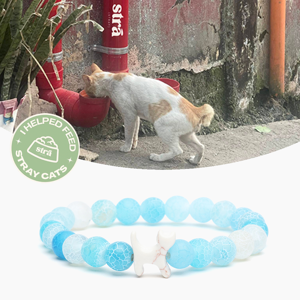 “To The Best Cat Mom” – STRĀ Cat Beaded Bracelet- Natural Blue Fossil- Donates 10 Meals to Help Feed Hungry Stray Cats