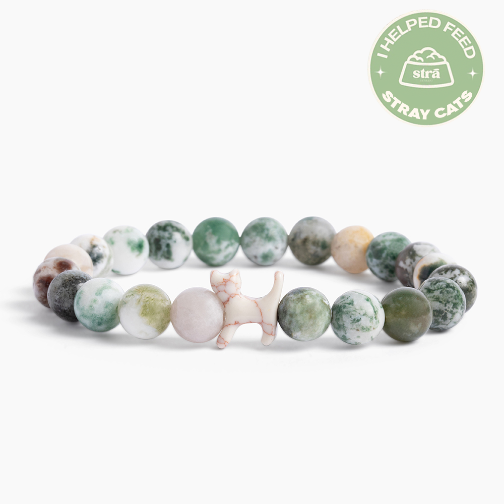 “Best Cat Mom Ever” – STRĀ Cat Beaded Bracelet- Green Tree Agate - Donates 10 Meals to Help Feed Hungry Stray Cats