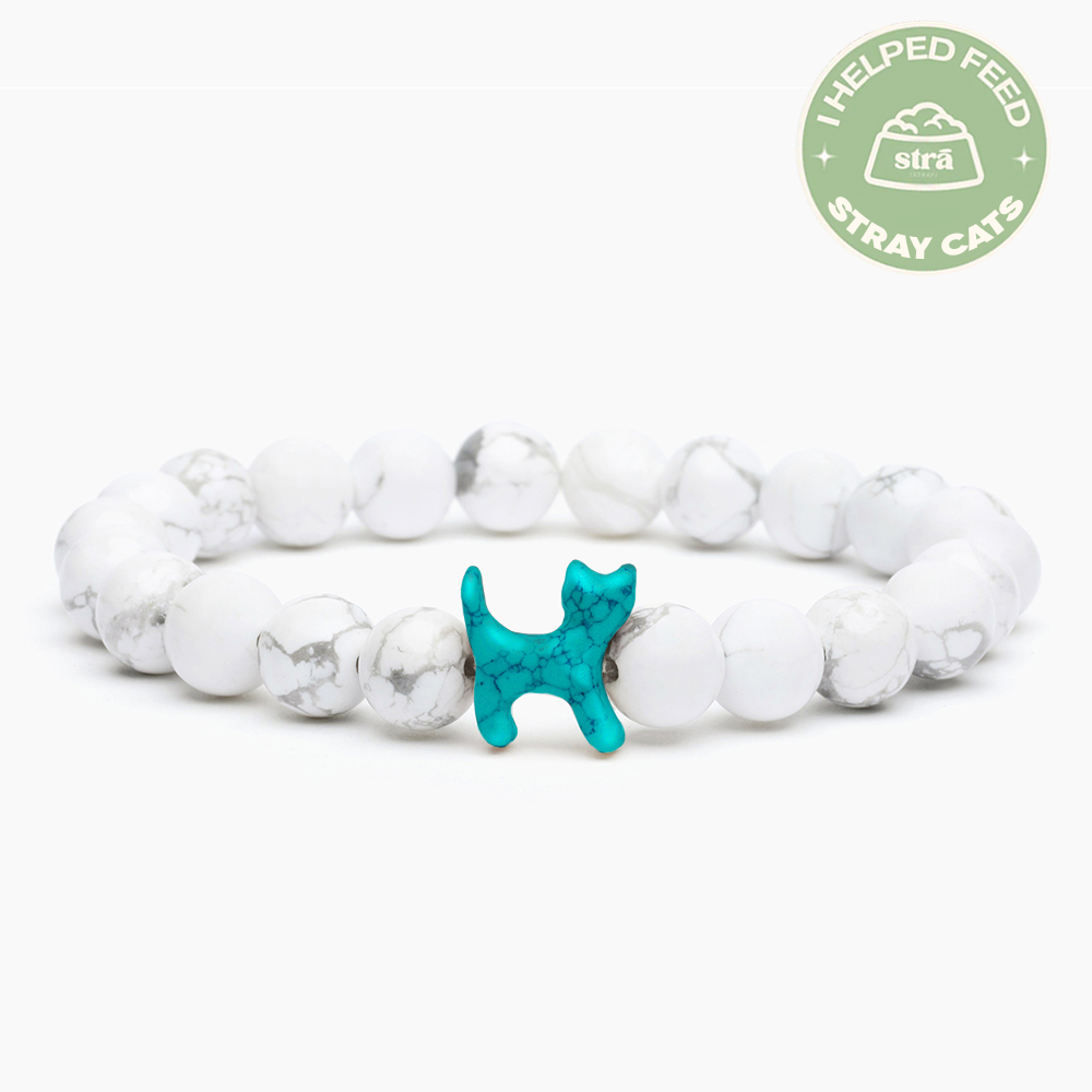 “To The Best Cat Mom” – STRĀ Cat Beaded Bracelet- White Howlite Stone - Donates 10 Meals to Help Feed Hungry Stray Cats
