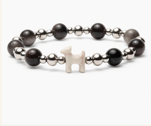 STRA Dog Silver and Black Obsidian Beaded Bracelet