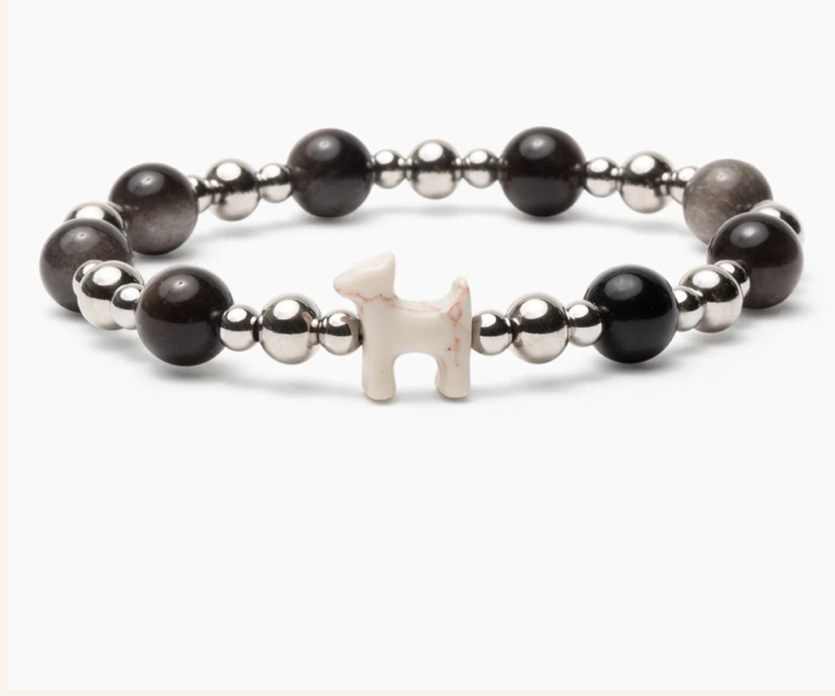 Stack Set-Cherished Hearts- BLACK Dog Bracelets with Silver, Black Obsidian & Filled With Love (Heart&Paw) Stainless Steel Bracelet with Adjustment tool
