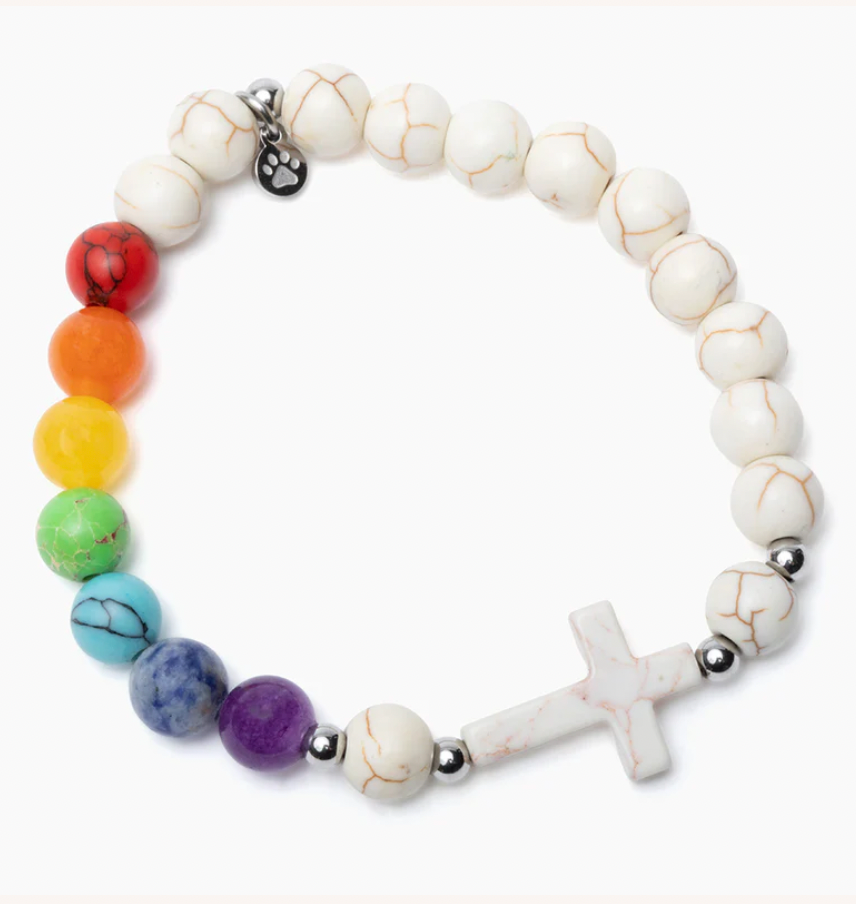 STRA Cross Howlite Stone &amp; Rainbow Beaded Bracelet