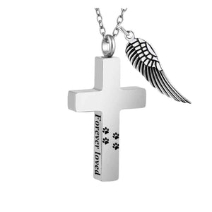 Forever Loved Pawprint Memorial Cross Urn Necklace - Silver