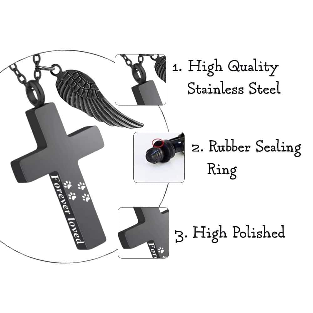 Forever Loved Pawprint Memorial Cross Urn Necklace - Black